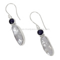 Natural Iolite And Biwa Pearl Gemstone 925 Streling Sliver Earring